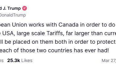 特朗普:若欧盟和加拿大联手对抗 将大规模征收关税