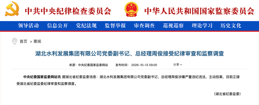 涉嫌严重违纪违法，周俊主动投案